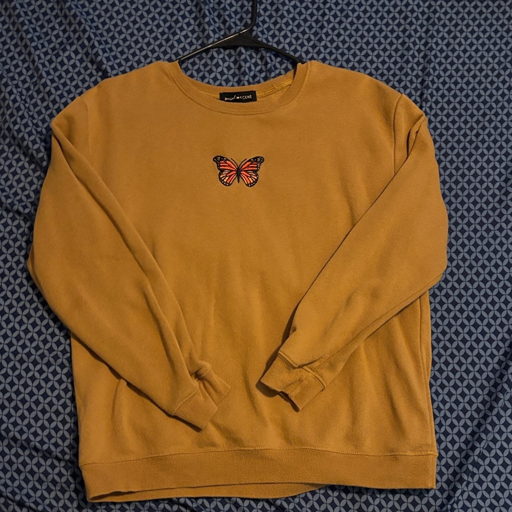 Elegant Mustard/Brown Crewneck Sweater with Butterfly Accent